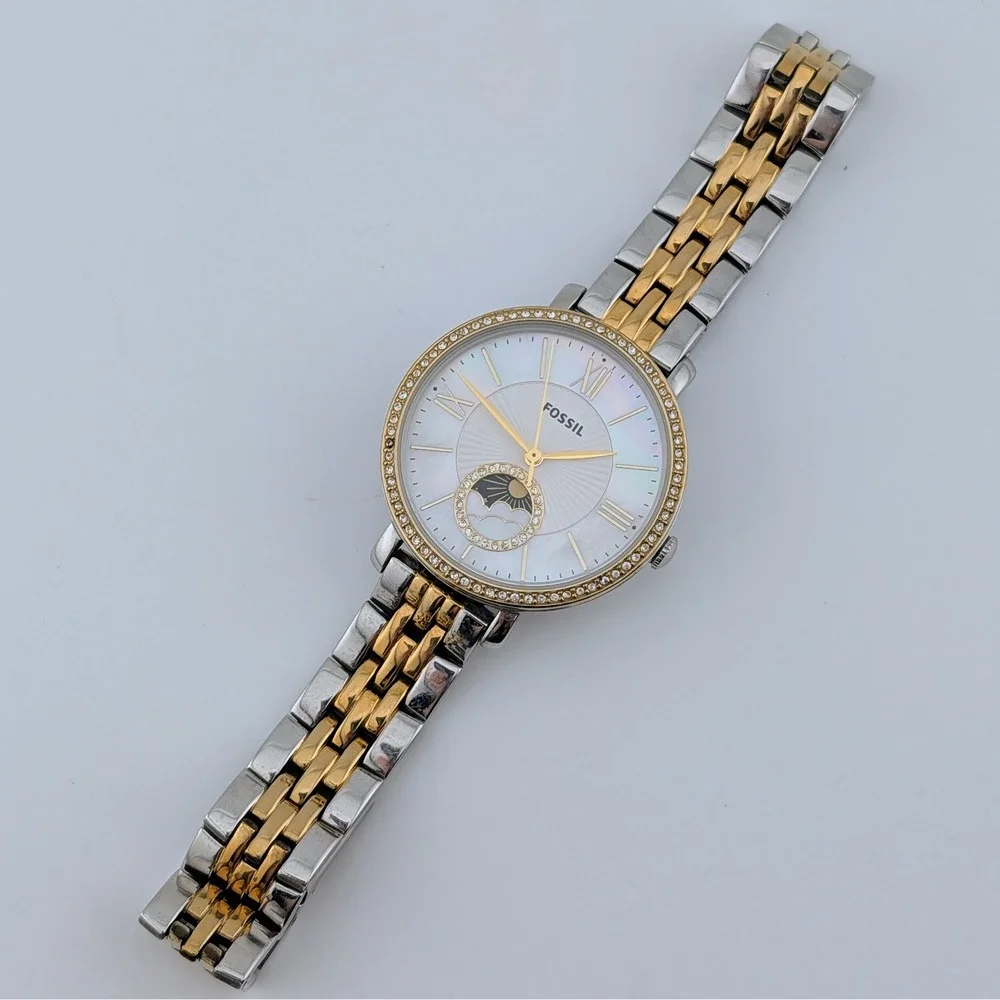 Fossil Jacqueline ES5166 Women's Watch Sun Moon MOP Dial Crystal Bezel Two-Tone